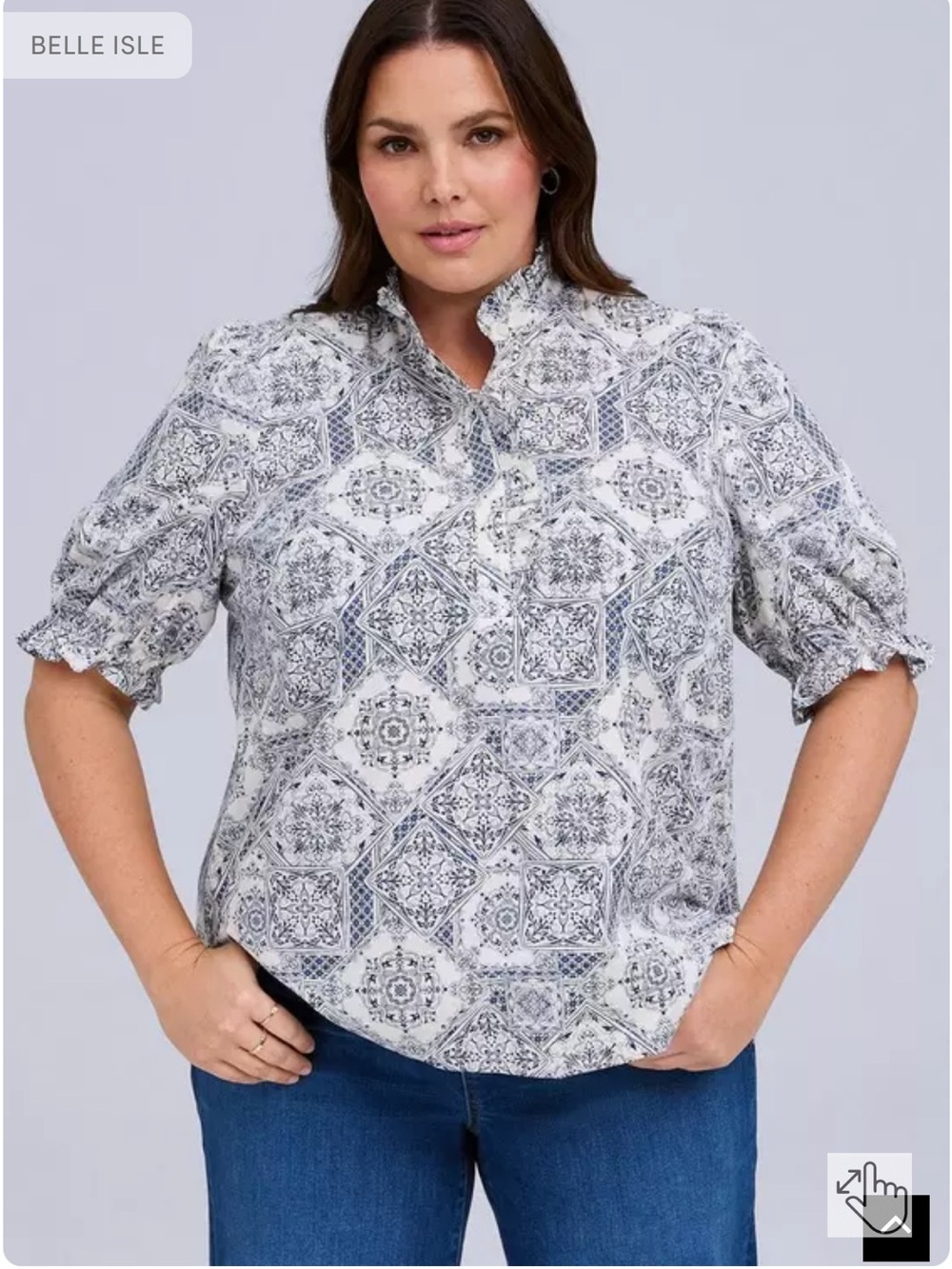 torrid White and Blue Tile-Print Ruffle-Trim Blouse